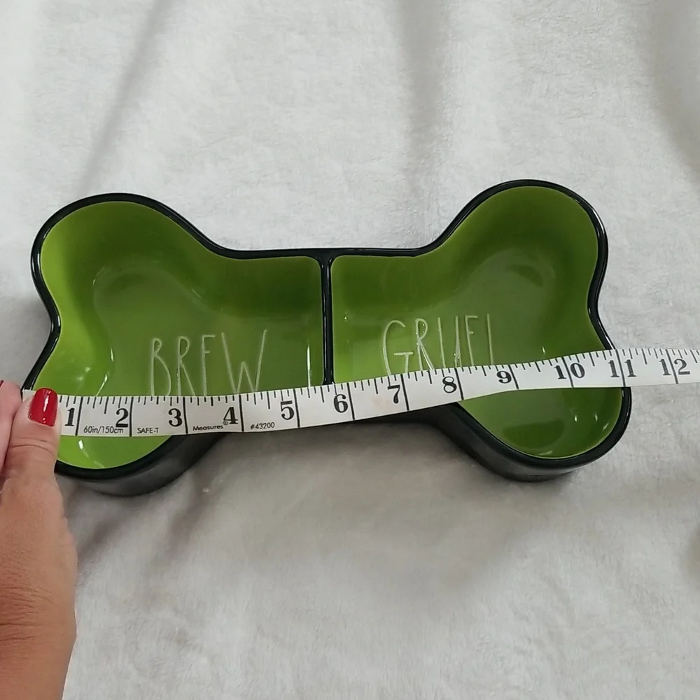 Rae Dunn Brew and Gruel Pet Bowl Bone shape green black